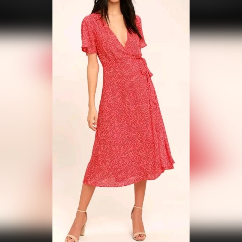 Lulu's Red Polka Dot Wrap Dress L Gimme Your Love Flirty V-Neck Party Date Night